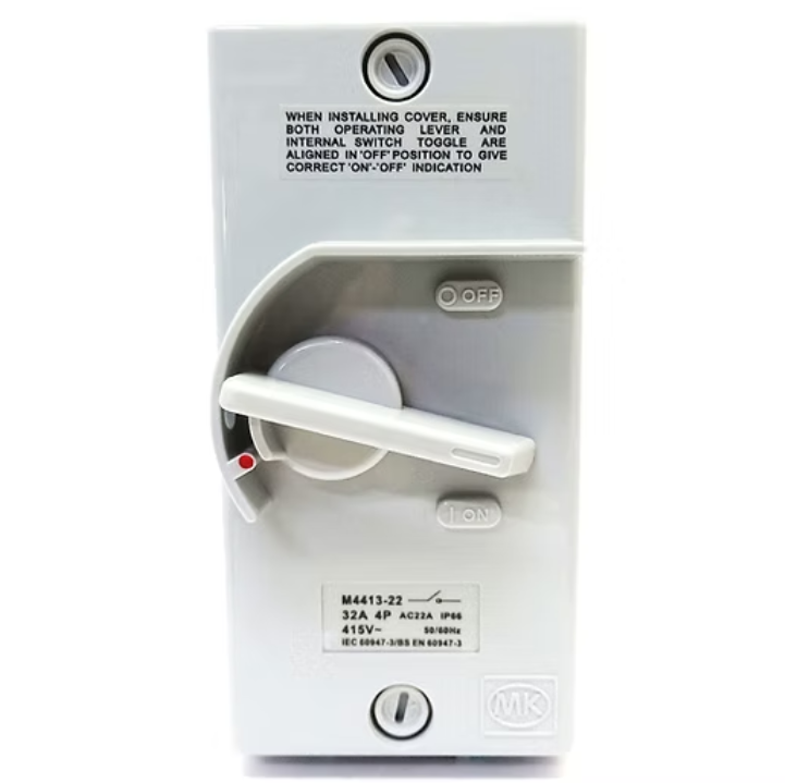 MK 32A 4 Pole Weatherproof Isolator MK4413-22, Heavy Duty 32A 4 Pole Weatherproof Electrical Isolator Switch, High Reliability and Safety, Suitable for Industrial and Commercial Power Systems